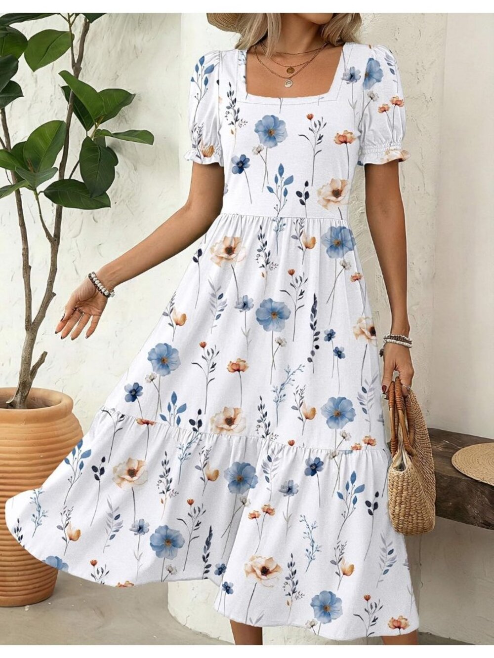 Zeagoo Women's White Floral Flowy Casual Short Sleeve Tiered Midi Maxi Dress - Picture 5 of 6
